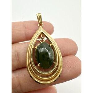 Vintage Gold Tone Nephrite Jade Pendant Teardrop